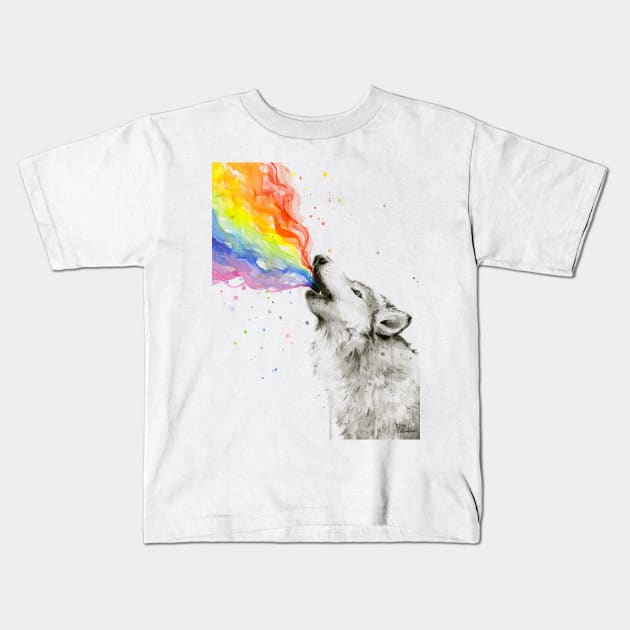 Wolf Howling Rainbow Kids T-Shirt by Olechka